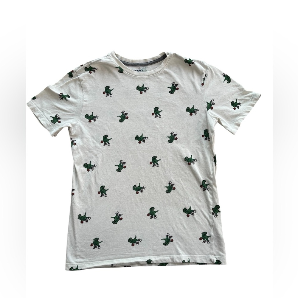 Old Navy Off-White Tee with Green Dinosaur Pattern, Size Youth XL (14-16)